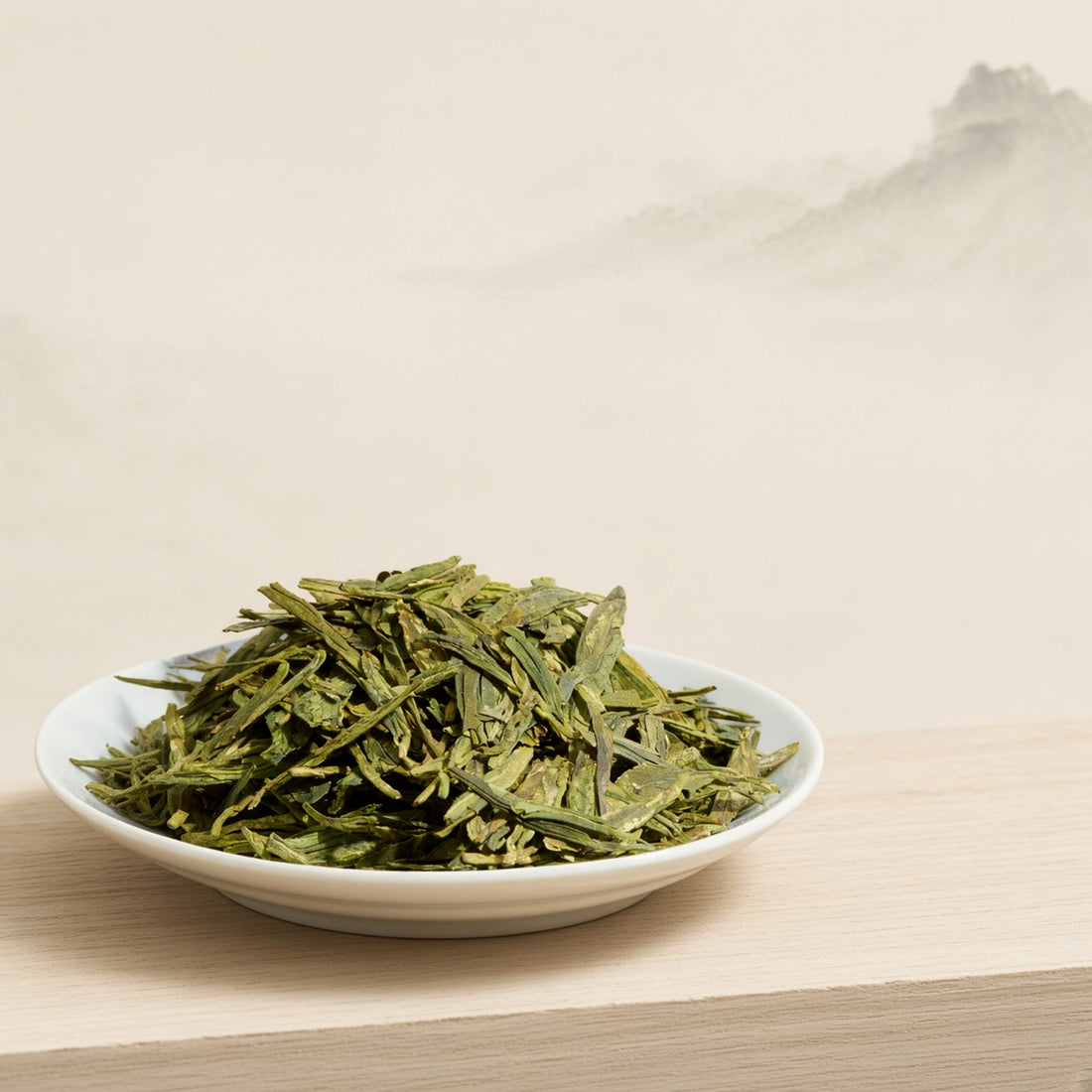 Traditional pan-fired Longjing dry leaf with rough-rice yellow color (糙米黄)