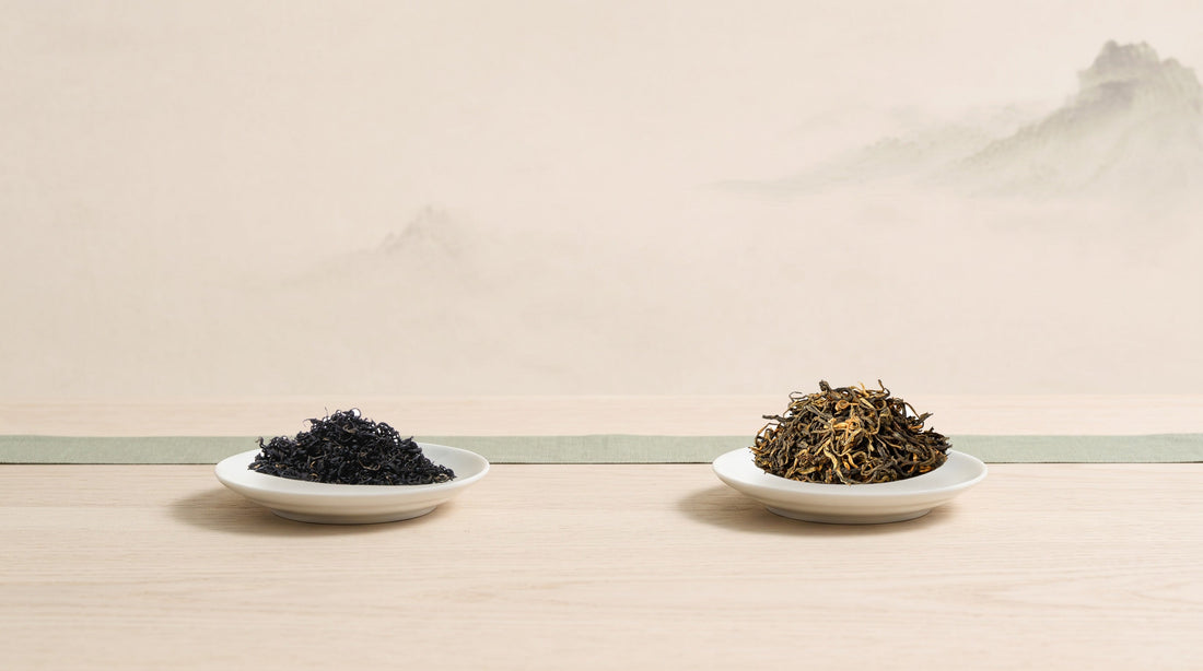 Keemun dry leaf left and Dian Hong dry leaf right on matching dishes